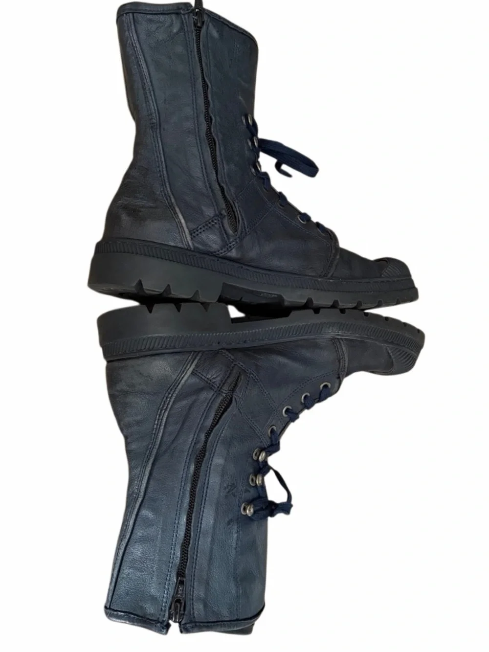 Pataugas black leather moto style buckle boots, side zip, lace up , sz 38/5/7.5.